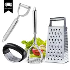 Kit Descascador de Legumes 3 em 1+ Amassador de Batata + Alho Multiuso Inox + Ralador Inox 4 faces