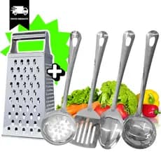 Kit Colher de Arroz + Ralador INOX+ Escumadeira Espatula Concha Kit 5 Peças Utilidades INOX