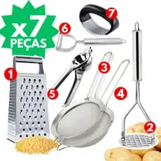 Utensílios Cozinha Kit 7 Descascador INOX Amassador Batata Alho Ralador Espremedor Limão 2 Peneiras