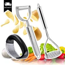 Kit Amassador de Batata + Descascador de Legumes INOX+ Amassador de Alho Inox Utensilios Cozinha