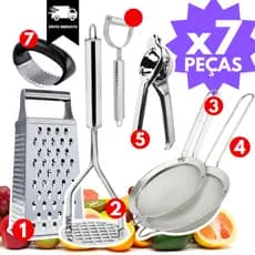 Kit Cozinha Descascador +Amassador Batata+ Alho + Ralador +Espremedor Limão+ 2 Peneiras 7 Peças INOX