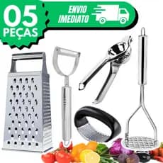 Kit 5 Utensílios Descascador  + Amassador Batata + Alho  Ralador + Espremedor Limão INOX Cozinha