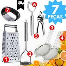 Utensílios Cozinha 7 Pçs INOX Descascador Amassador Batata Alho Ralador Espremedor Limão 2 Peneiras