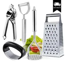 Kit 5 Peças Descascador INOX + Amassador de Batata + Alho + Ralador 4 faces + Espremedor de Limão
