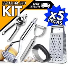 Kit 5 Utensílios Amassador Batata + Alho + Ralador 4 faces + Espremedor de Limão Inox + Descascador