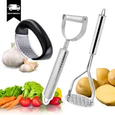 Kit Amassador de Alho + Batata Inox + Descascador INOX Utensilios para Cozinha Restaurante Legumes