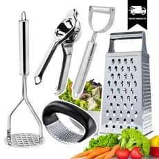 Utensílios Cozinha Kit 5 Pçs Ralador 4 Faces Descascador INOX Amassador de Batata /Alho Esprem Limão