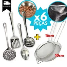 Kit Espatula Escumadeira Colher de Arroz Concha+ 2 Peneiras 6 Peças Utilidades INOX Cozinha Casa