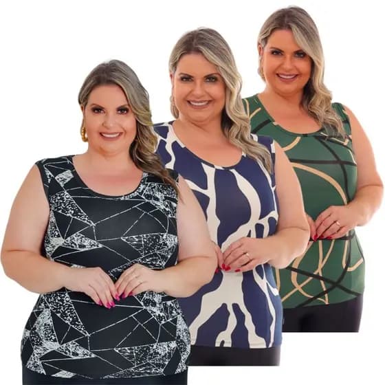 Kit 3 Blusinha Regata Feminina Plus Size Curve G GG Verão Alça Larga Promoção