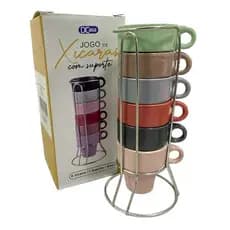 Jogo 6 xícaras para café 50ml cerâmica com suporte metal dc00052 DCasa