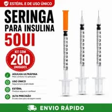 Kit 200 Seringa Insulina 0,5ml Fixa Fina Ultrafina 0,25mm x 6mm Graduada Estéril Descartável