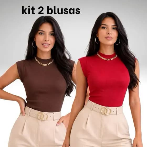 kit 2 blusas muscle tee canelado regata gola alta básica elegante casual