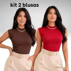 kit 2 blusas muscle tee canelado regata gola alta básica elegante casual