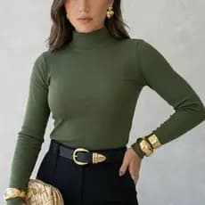 blusa feminina manga longa de frio canelado gola alta elegante básica inverno