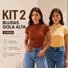 kit 2 blusas caneladas de manga gola alta básica casual elegante