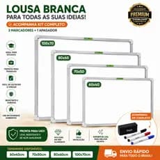 Lousa Branca MDF Alumizada + Kit 3 Marcadores e Apagador 60x40 70x50 80x60 100x70 Estudos, Trabalho