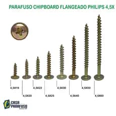 PARAFUSO CHIPBOARD FLANGEADA 4,5X MM - MARCENARIA, MDF, MDP, COMPENSADOS, BUCHAS - 100 UNIDADES