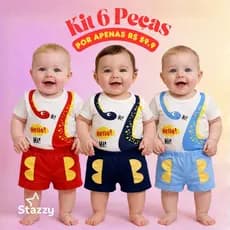 Kit 6 peças Dino interativo 3 body + 3 shorts para bebê Meninos Recém Nascido RN até 6 meses
