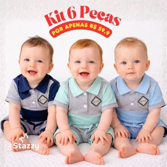 Kit 6 pçs Conjunto bebê Menino Mauricinho com 3 camiseta polo e 3 shorts Recém Nascido até 6 meses