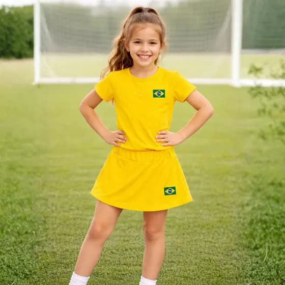 Conjunto infantil do Brasil Copa Blusa + Short Saia Juvenil Seleção Liso e Canelado