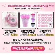 Kit Lash Designer Rosa: 20 Escovinhas + 20 Anéis Porta Cola + 1 Fita Transpore