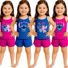 Pijama Infantil Feminino Curto Baby Doll Short Doll Alcinha Stitch Verão