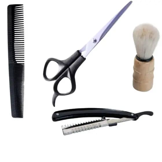 Kit Barba 4 Peças Tesoura Pente Navalhete Pincel Profissional C02
