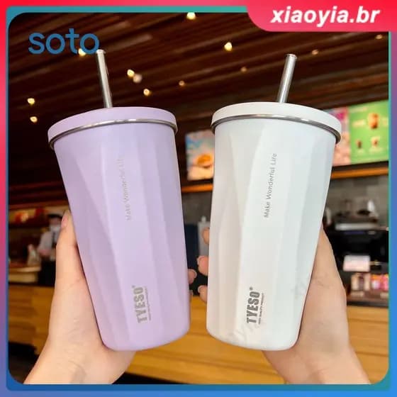 Caneca Térmica Tyeso de Aço Inoxidável para Café Gelado, 600ml, com Canudo a Vácuo, Garrafa de Água Alta e de