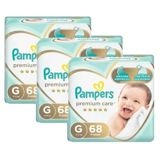 Kit Fralda Pampers Premium Care Jumbo Tamanho G com 204 unidades