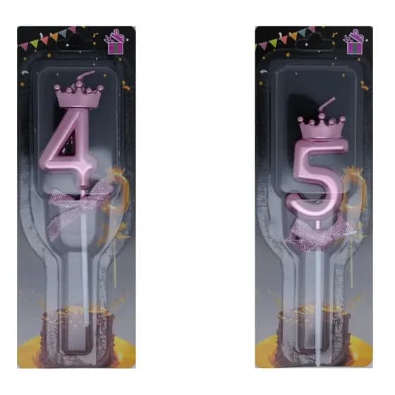 Vela de Aniversário Coroa Rosa Palito com Laço 0-9