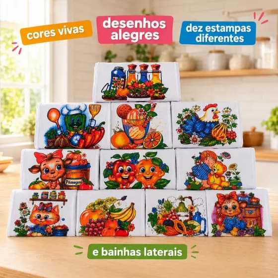 Kit 10 Panos De Prato Estampado  Pano Cozinha Limpeza 60 x 35 com bainha