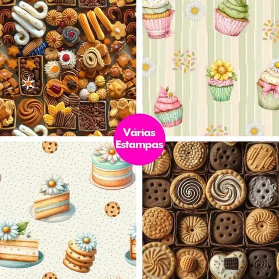 Tecido Tricoline 100% Algodão 50cm x 1,50m Estampa Padaria Confeitaria Patchwork