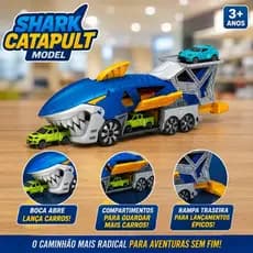 Caminhão Brinquedo Lançador de Carros Miniatura Tipo Hotwheels Tubarão com e Carrinhos Dia Crianças