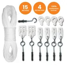 Kit Corda para Varal De Teto Completo com Roldanas e Carretilhas Fio 4mm 15 Metros