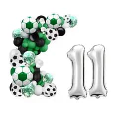 Kit futebol arco descontruído + numero 70 cm com 120 balões nas cores  branco verde e com confete e balões metalizado