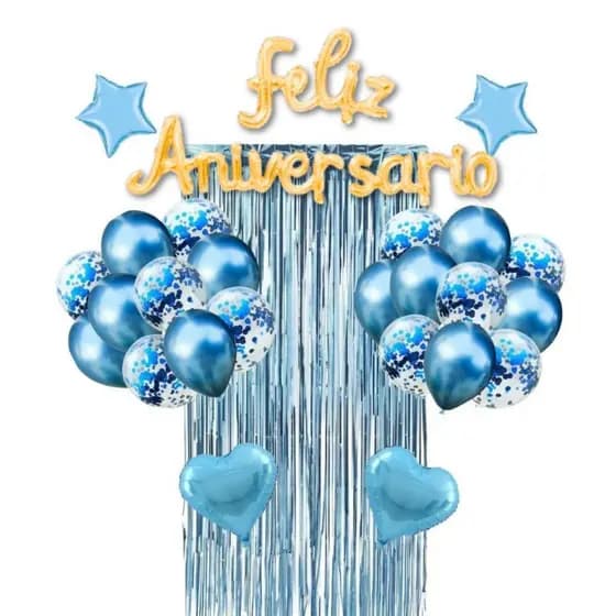 Kit 26 Peças  Balões cromados e com confete  Balão Para Festas Feliz Aniversário Dourado e cortina azul claro
