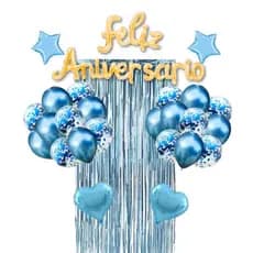 Kit 26 Peças  Balões cromados e com confete  Balão Para Festas Feliz Aniversário Dourado e cortina azul claro