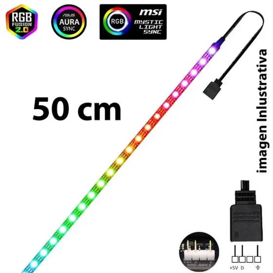 Fita Led Argb 3 Pinos 5v IP20 - 50 cm Sync Aura - Placa Mãe - Gabinete - Pc Gamer ( não vai conector de 3 pinos )