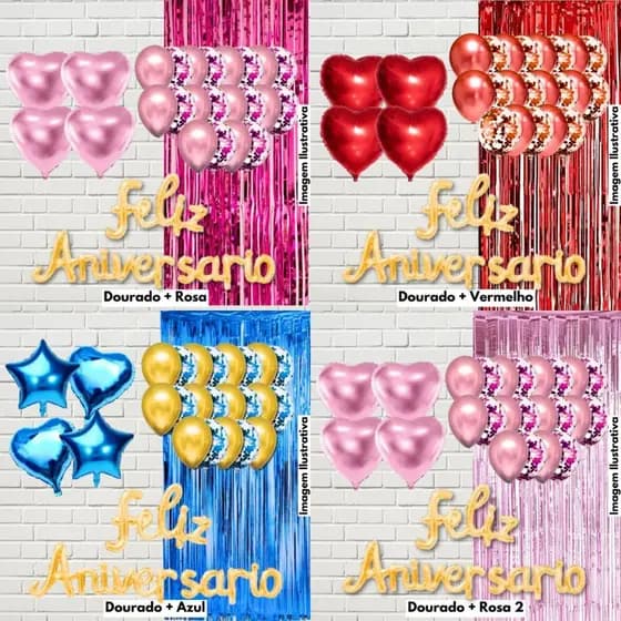 Kit 26 Peças Balões cromados e com confete cortina metalziada e nome  Feliz Aniversário Dourado ou Rose promoção hoje...