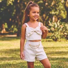 Conjunto Linho Infantil Menina do 2 ao 10 Anos Cropped Laço Moda Blogueirinha Verão
