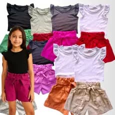 Conjunto infantil feminino verão regata e short de linho menina 2 a 14 anos 4 ou 10 Peças