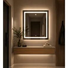 Espelho Jateado Quadrado 50cm Led Touch em Três Tons Decoração de Banheiro Maquiagem Penteadeira