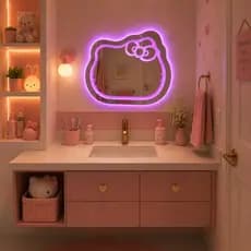 Espelho Gatinho Kitty LED 70x65 Infantil Decorativo Controle 3 Cores Vidro Premium