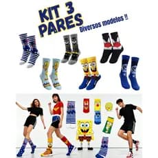 Kit 3 Meias Divertida Cano Longo Estampada Personagem Meia Temática