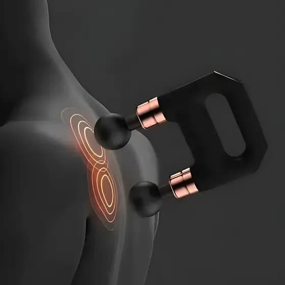 JS Pistola Massageadora Muscular Dupla Cabeça com 6 Pontas e 6 Velocidades para Alívio de Dores e Relaxamento Profundo