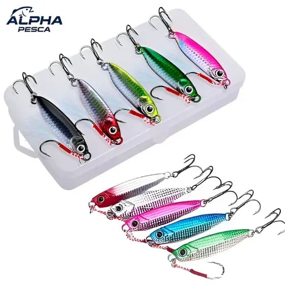 Kit Iscas de Pesca Lento Jig 5pcs + Estojo | Isca Artificial de Metal 10g head
