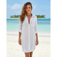 Saída de Praia Feminina Manga Longa Camisão de Calor longo de Praia Beachwear Linho