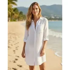 Saída de Praia Chemise Feminina Longa Manga Botão Frontal Leve Elegante Verão Tendência Luxo Elegante Premium