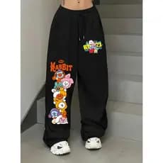 Calça Moletom Feminina Wide Leg Style bt21 rabbit kpop bts pantalona Desposaja Larga Casual Flanelada Ajustavel