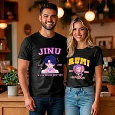 Kit 2 Camiseta Basica Casal Guerreiras Streetwear Anime K-pop Rumi e Jinu Demon Namorados Anime